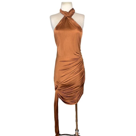 GAUGE81 Riga Halter Slinky Dress in Chestnut Brown Large New Womens Cocktail - Picture 5 of 16